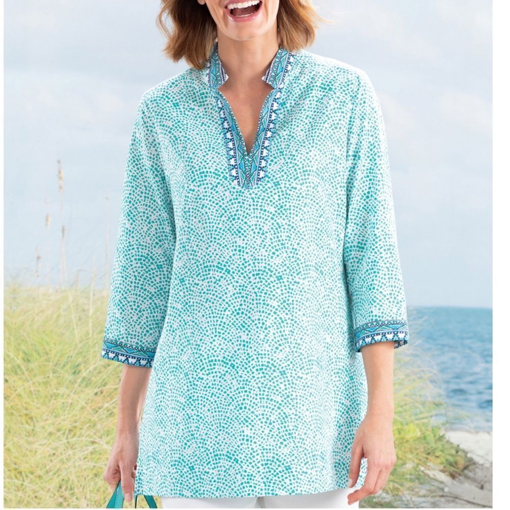 Foxcroft Border Trim Cotton Wrinkle Free Tunic Top In Lagoon Multi Size 18